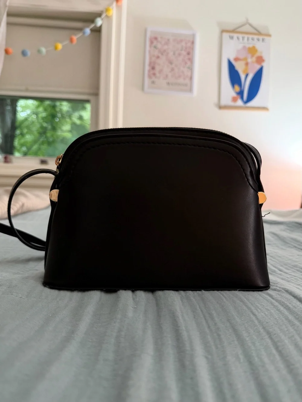 A New Day Minimalist Black Leather Crossbody with Adjustable Strap EUC